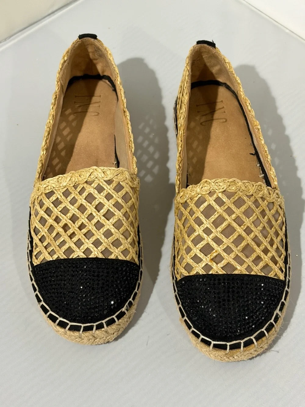 Woven Espadrille Slip-On Flats in Black and‎ Tan